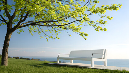 A sleek white floating bench outdoors, placed under a bright tree with fresh green leaves blowing in the wind, modern clean design, sharp and focused.