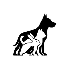 A striking black silhouette of a dog with a rabbit and a bird nestled within its form isolated on transparent background silhouette