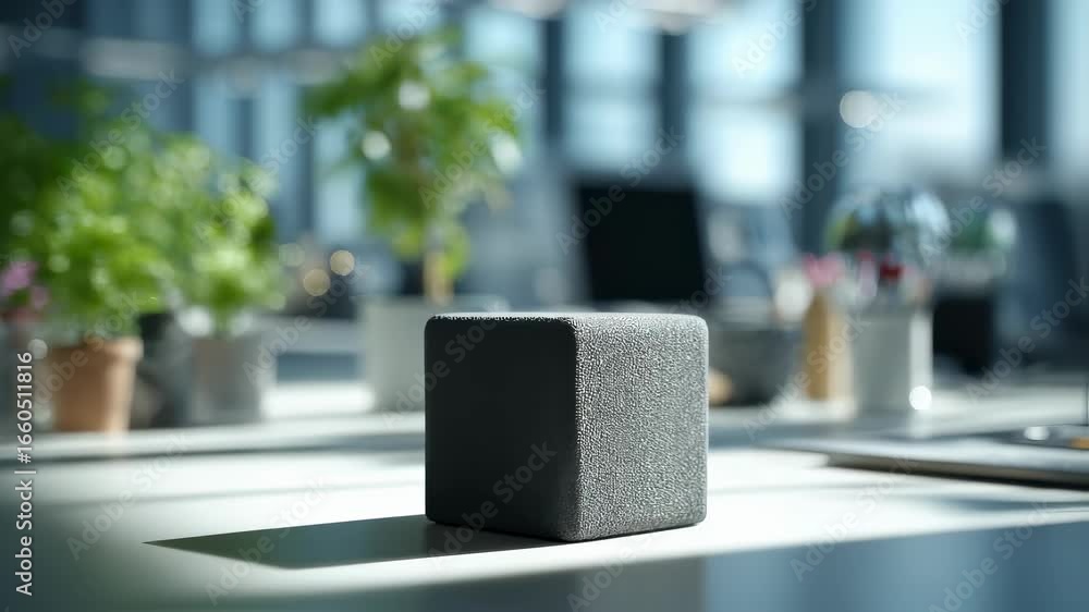 Aufkleber close medium shot showcasing a sustainable quiet cube made of recycled material isolated in sharp de
