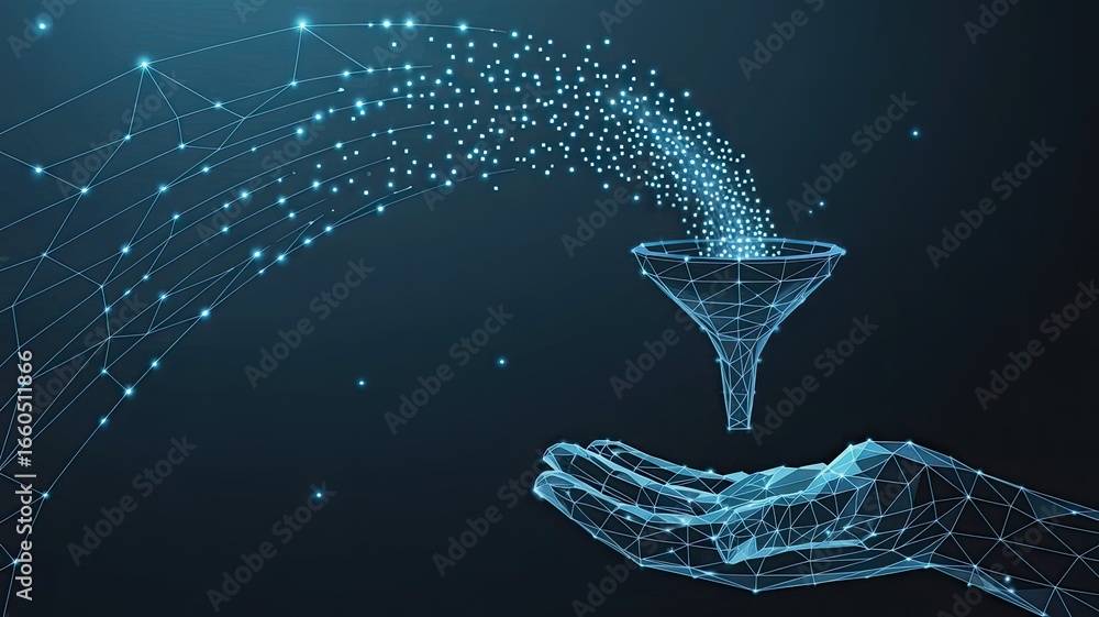 Poster abstract digital data stream flowing through a funnel into a glowing wireframe hand representing inf