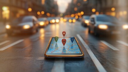 Smartphone displaying a map with location pins on a wet street with blurred cars in the background