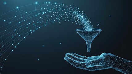 Abstract digital data stream flowing through a funnel into a glowing wireframe hand representing information processing and technology