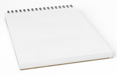 Empty sketchbook with spiral binding lying on white surface. Minimal stationery mockup for drawing, school, art, and creative projects. Top view.