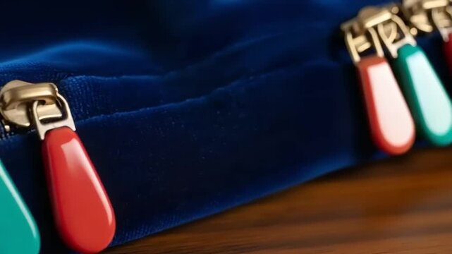 Close-up of colorful zipper pulls on a soft blue velvet fabric, highlighting texture and design