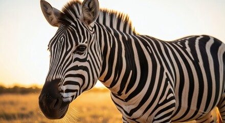 A close-up portrait of a zebra with its distinctive black and white stripes, standing in a sunlit savanna landscape during golden hour.