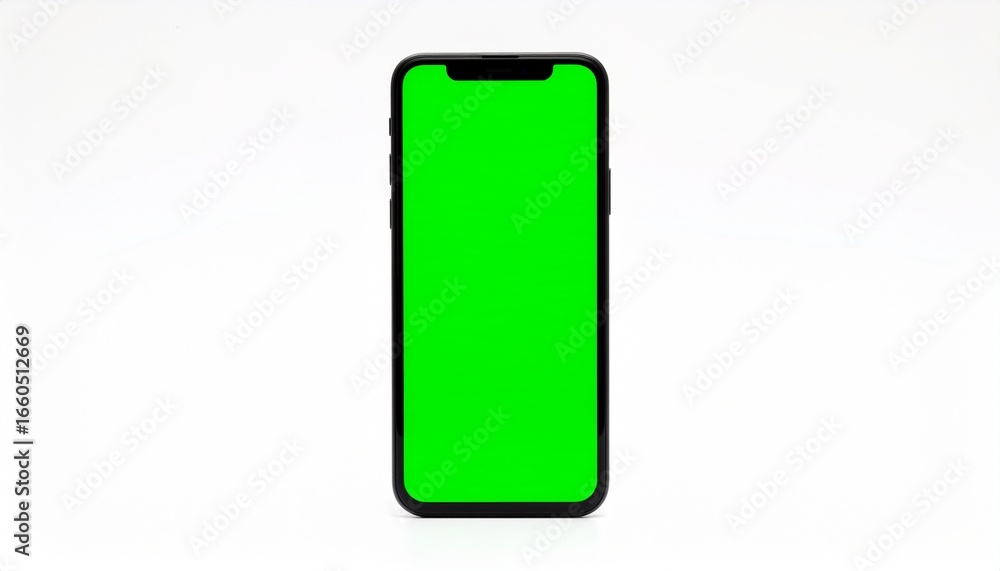 Poster modern smartphone with a green chroma key screen for mockups, isolated on a plain white background. 