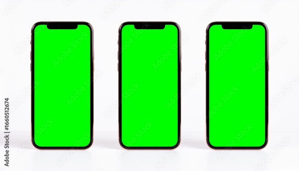 Poster set of three modern mobile phones with blank green screens for ui/ux design presentation and app adv