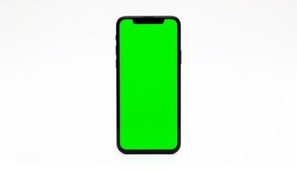 Modern smartphone with a green chroma key screen for mockups, isolated on a plain white background. Cellphone template for advertising.