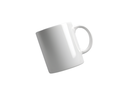 Isolated white ceramic mug with handle tilted to the right side of the frame in close up view on transparent background