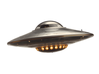 Isolated metallic flying saucer with illuminated bottom hovering in the emptiness of space on transparent background