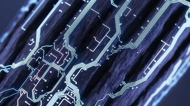 Close-up view of a futuristic circuit board design on a textured wood surface, showcasing intricate patterns and glowing elements, set against a dark background