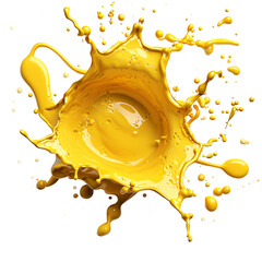 Splatter of vibrant golden liquid with droplet formations on transparent background