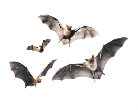 Four Bats Flying with Wings Spread Against a Background animal wildlife isolated on a transparent background - Powered by Adobe