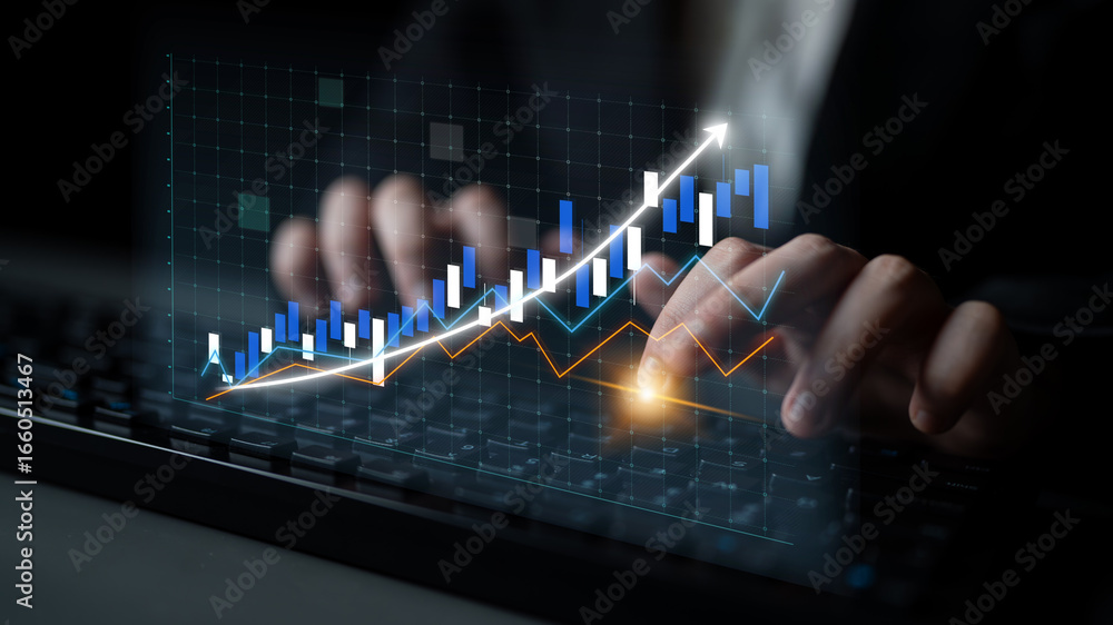 Aufkleber a person typing on a keyboard while analyzing financial data, highlighted by vibrant graphs and char
