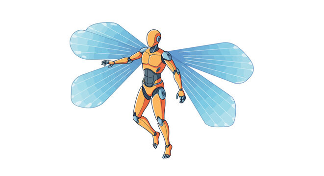 Futuristic humanoid robot with insect wings in dynamic pose for sci-fi concepts