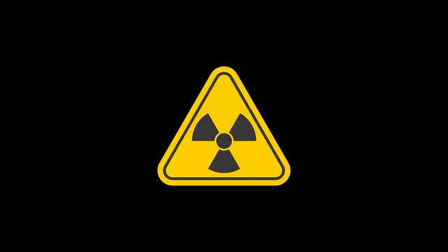Radiation hazard warning sign animation with alpha channel. Yellow and black nuclear danger symbol isolated on transparent background. Safety toxic alert icon loop for science, industry