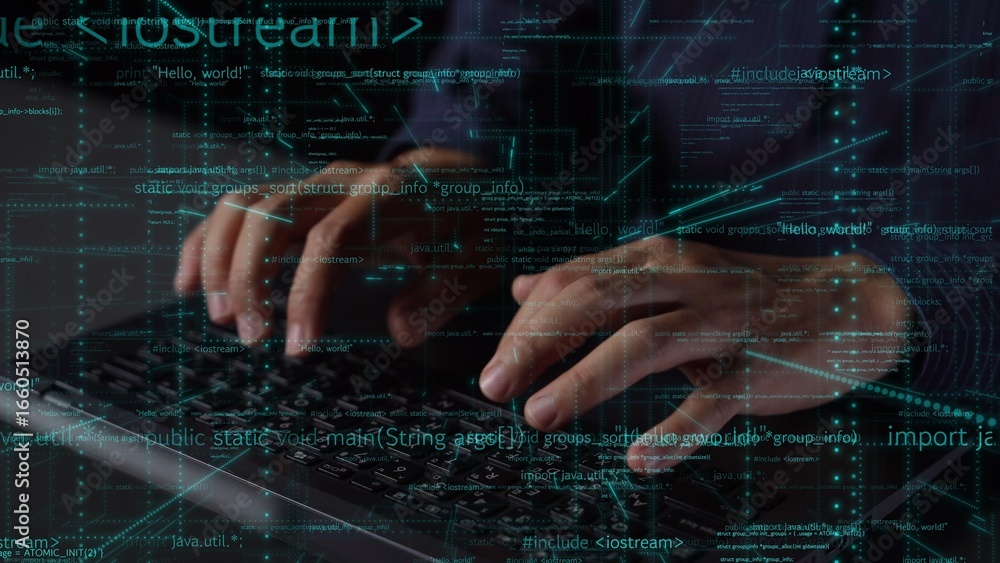 Poster a close-up image of hands typing on a keyboard surrounded by a digital code overlay, conveying a fut