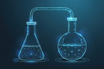 Abstract scientific illustration of two glowing chemical flasks connected by a tube with liquid flowing between them on a dark background