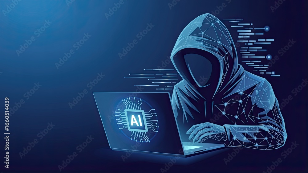 Poster anonymous hacker wearing a hooded sweatshirt intently working on a laptop displaying an ai logo with