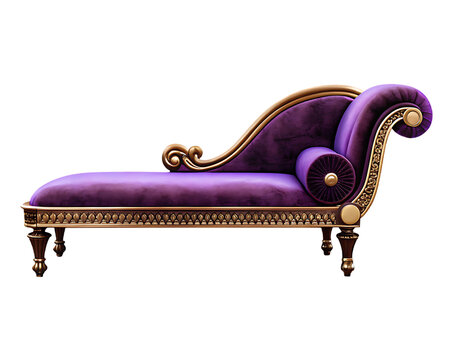 Luxurious Purple Velvet Chaise Lounge With Gold Trim And Carved Legs furniture ornate isolated on a transparent background