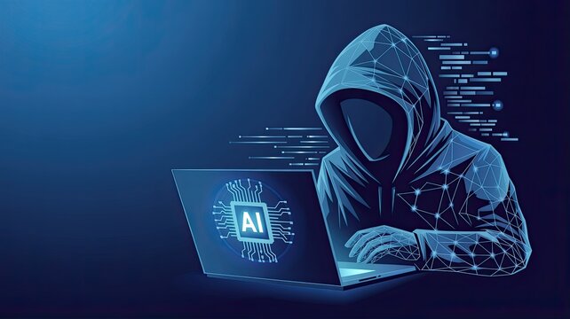 Anonymous hacker wearing a hooded sweatshirt intently working on a laptop displaying an ai logo with digital data streams flowing around them
