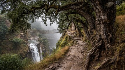 Mountain Trail with Waterfall and Bridge A Peaceful Hiking Adventure Through Lush Foliage