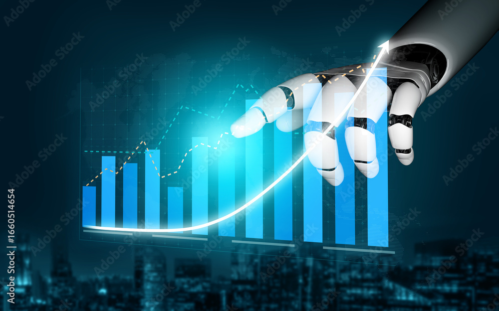 Poster this captivating image depicts a robotic hand engaging with a dynamic data visualization, symbolizin
