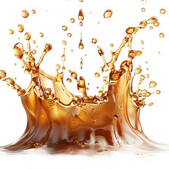 Golden liquid splash with droplets against a dark backdrop on transparent background