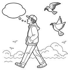 Man walking with speech bubbles and birds following him coloring page black and white