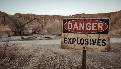 Danger explosives sign near quarry with heavy machinery and rock formations in the background