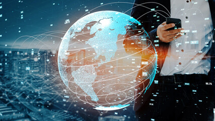 A businessman navigates a smartphone amidst a global network visualization, showcasing technology impact on modern business and communication in an urban setting. Xenic