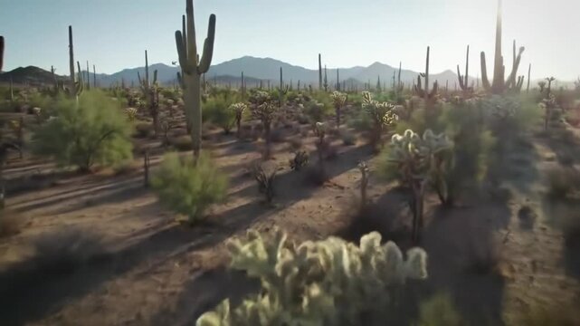 A vast desert landscape bathed in golden sunlight, featuring numerous saguaro and cholla cacti under a clear sky with distant mountains.