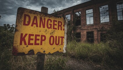 A weathered danger keep out sign in front of an abandoned brick building with broken windows and overgrown grass