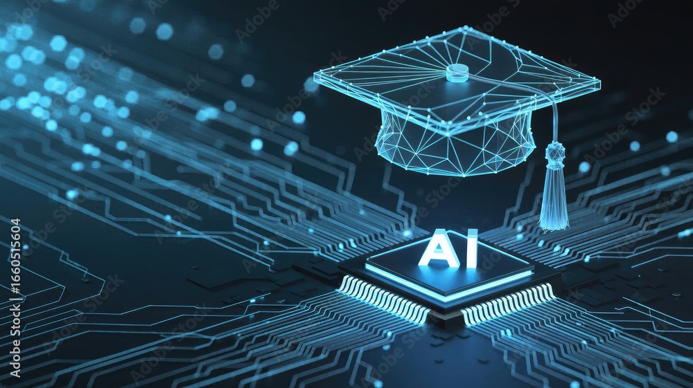 Poster futuristic digital graduation cap hovering above a glowing ai chip on a circuit board symbolizing ar