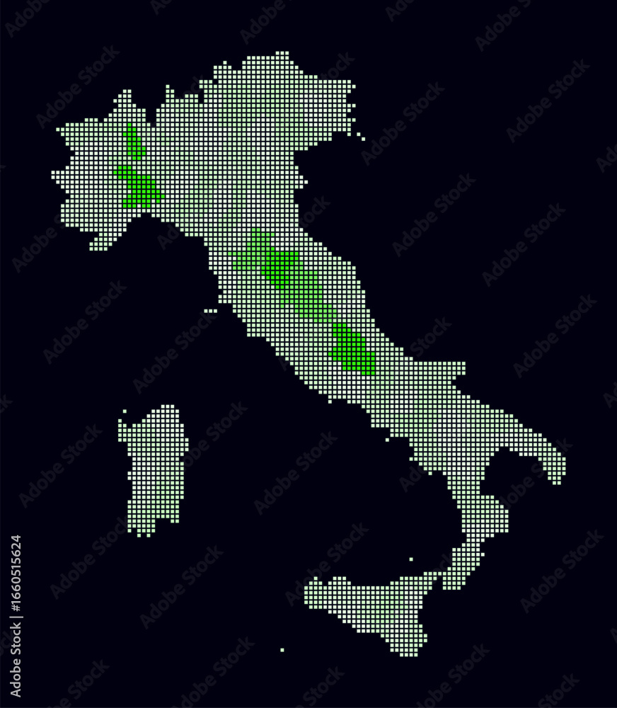 Poster italy dotted map. digital style map of the country on dark background. italy shape with square dots.