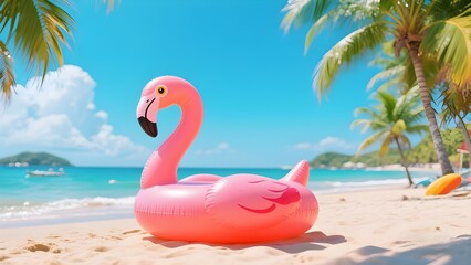 Obraz premium Pink inflatable flamingo float on sandy beach with palm trees