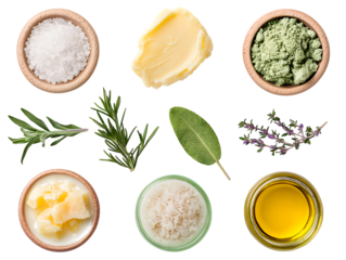 Food ingredients flat lay shows herbs, salt, butter, cheese, and oil on black. Use for branding, social media, recipe blog, product photography.