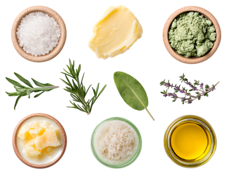 Food ingredients flat lay shows herbs, salt, butter, cheese, and oil on black. Use for branding, social media, recipe blog, product photography.