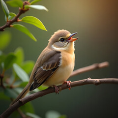 Brown Bird Perched on Branch with Green Leaves Singing