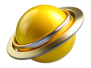 3d illustration of yellow planet with golden ring, resembling saturn, isolated on transparent background