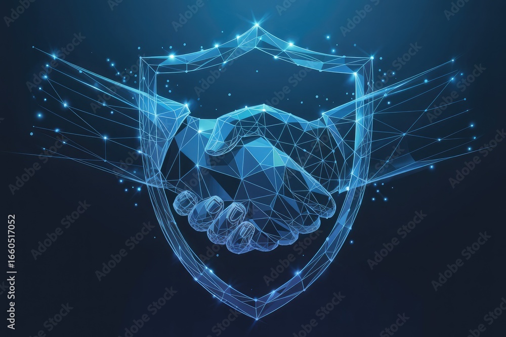 Poster futuristic digital shield protecting a glowing handshake symbolizing trust and secure collaboration 