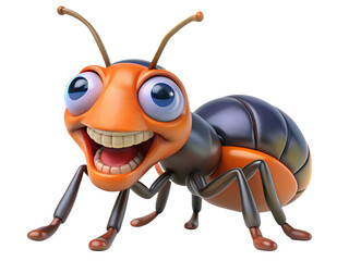 3d illustration of a funny cartoon ant character with big eyes and a wide smile, isolated on transparent background