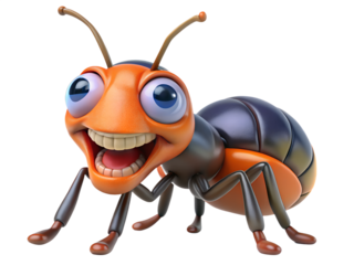 3d illustration of a funny cartoon ant character with big eyes and a wide smile, isolated on transparent background