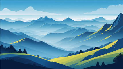 Morning mountain landscape with foggy peaks and clear sky