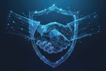 Futuristic digital shield protecting a glowing handshake symbolizing trust and secure collaboration in technology and business