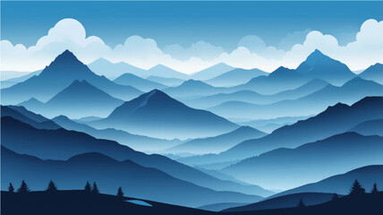 Morning mountain landscape with foggy peaks and clear sky