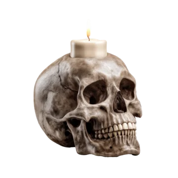 Human skull with burning candle on top isolated on transparent background
