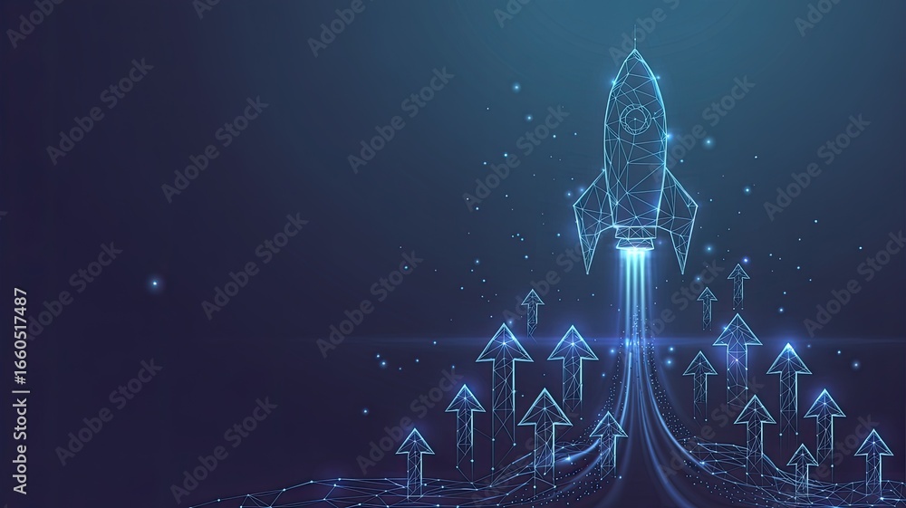 Poster futuristic glowing blue rocket launching upwards from a digital platform with many upward pointing a