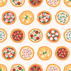 Seamless pattern with cute tasty hand drawn Italian pizza. Doodle pizza print for banner, wallpaper, textile, wrapping paper, background, cards. Vector illustration in flat style