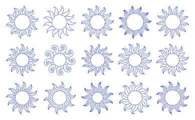 Collection of Suns in mediterranean blue. La dolce vita hand drawn suns. Minimal magic abstract outline suns illustration. Vector illustration in trendy flat style